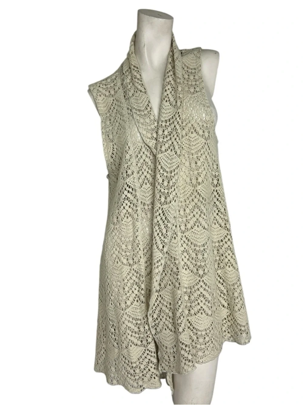 Katie Todd Boho Crochet Lace Open Front Vest Cardigan Large Ivory Festival